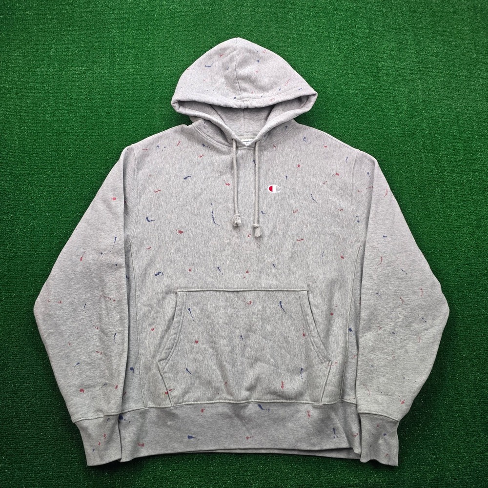 Champion Reverse Weave Hoodie Sweatshirt Mens Large Gray Pullover Paint Splatter